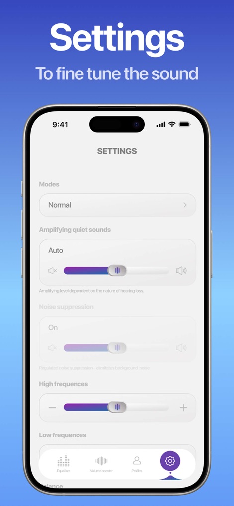 Equalizer & Bass Booster FX - Le impostazioni avanzate consentono di personalizzare ulteriormente il suono, con cursori dedicati per l'amplificazione dei suoni silenziosi e la regolazione delle alte e basse frequenze.