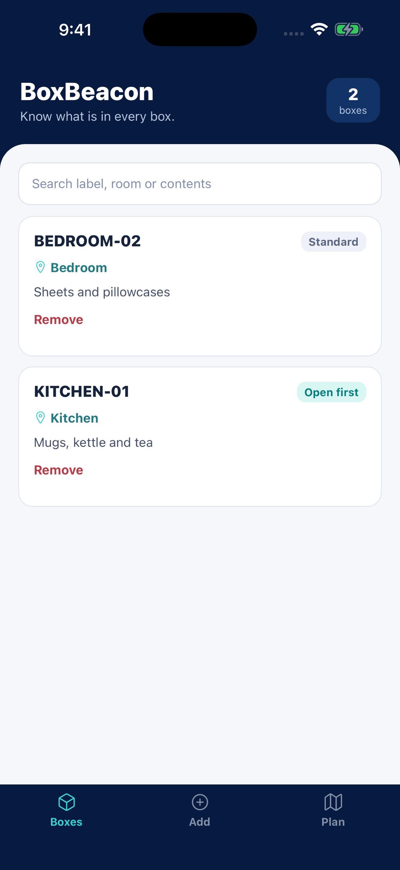 Screenshot 1 of BoxBeacon: Moving Box Log