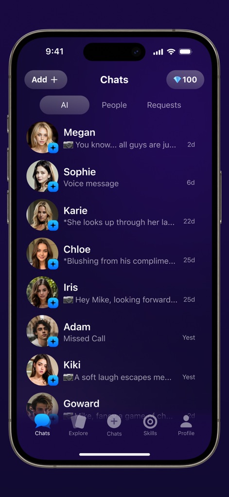ChaChat:Chat with AI Character - The app streamlines user interactions with an organized chat list for both AI and people, complemented by an intuitive bottom navigation bar for seamless exploration.