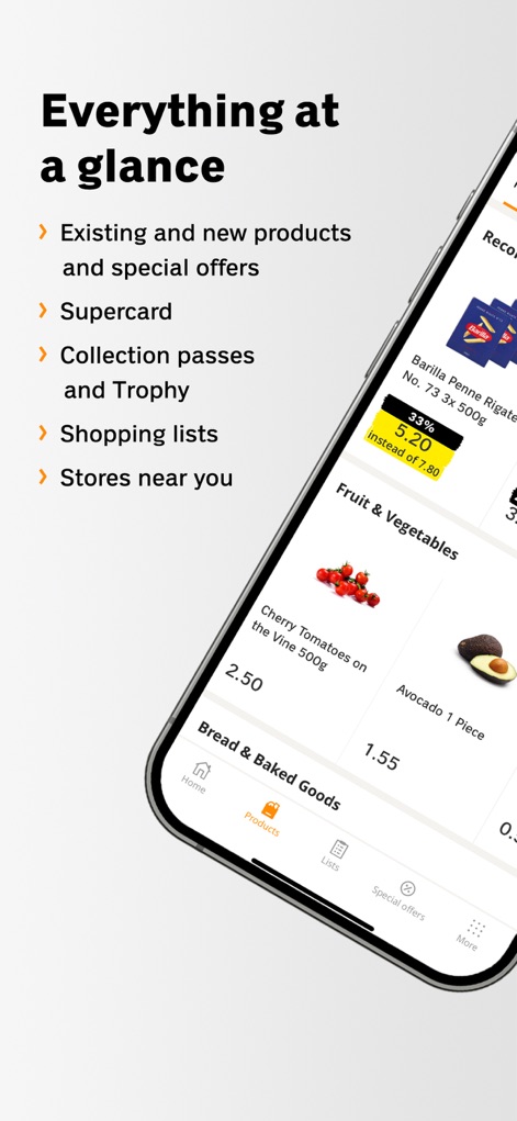 Coop supermarket - Die App ermöglicht Nutzern das schnelle Entdecken von Produkten in Kategorien wie "Fruit & Vegetables" und zeigt übersichtlich Preise inklusive aktueller Rabatte an.