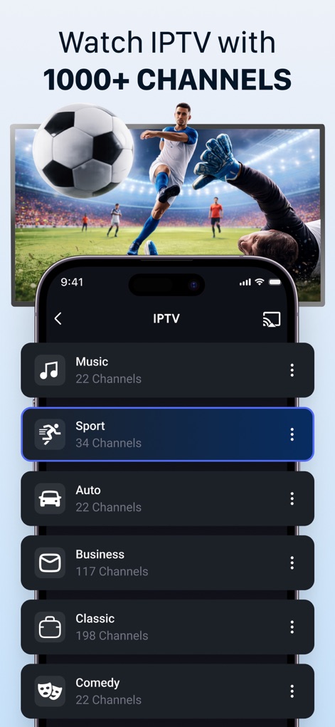 Castto: TV Cast, Screen Share - Users gain access to a vast array of content through the IPTV channel categories, allowing them to watch specific content like a live football match on their Smart TV.