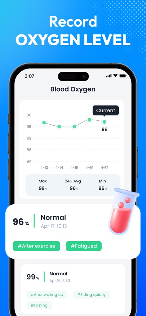 Blood Pressure App-BP Tracker - Der Bildschirm präsentiert eine Verlaufskurve für die Sauerstoffsättigung und bietet detaillierte Kontext-Tags für jede einzelne Aufzeichnung.