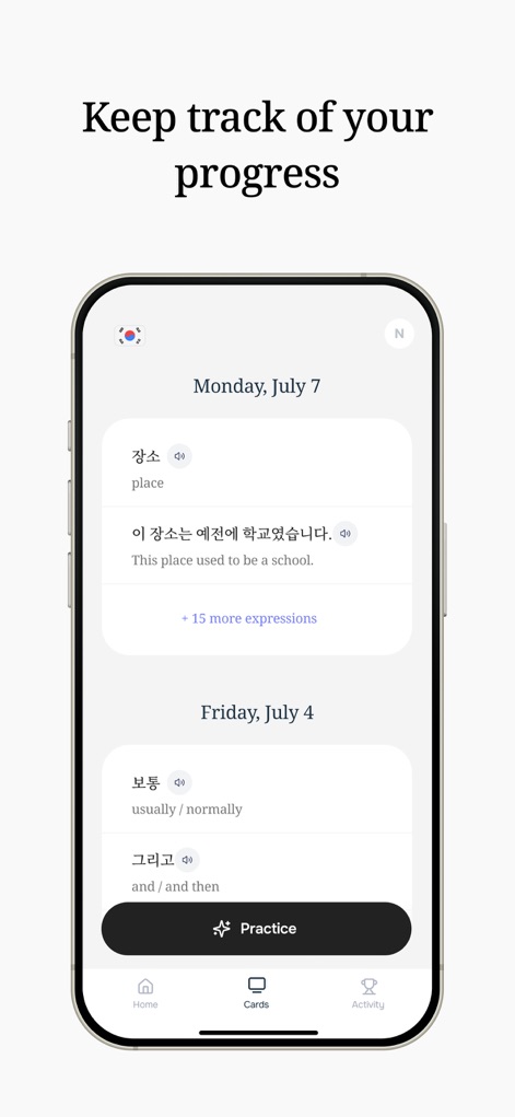Tenmin - Language Learning - This screen illustrates how learners can track their progress through card-based reviews of learned expressions and easily navigate via the bottom 'Home', 'Cards', and 'Activity' tabs.