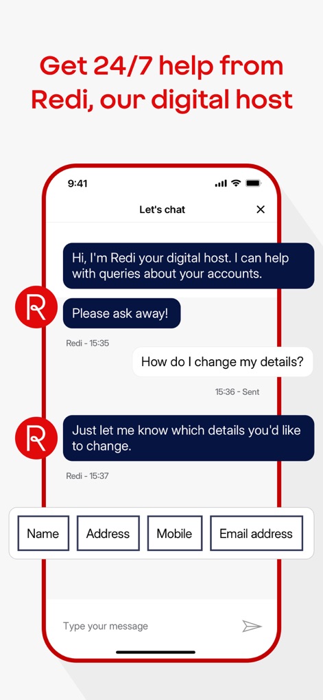 Virgin Money Mobile Banking - The app provides instant customer service through 'Redi, your digital host,' offering interactive options for users to efficiently update personal details directly within the chat interface.