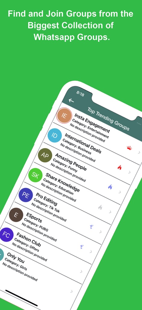 Active groups for WhatsApp - この画面では、人気のグループが一覧表示されており、「Insta Engagement」のような特定のグループ名と、その「Entertainment」といったカテゴリが明確に示されています。