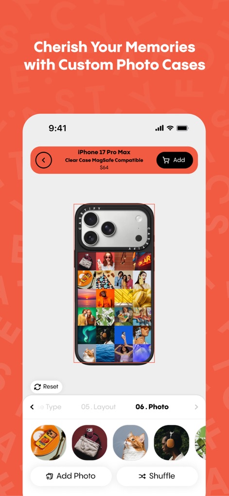 CASETiFY - Gli utenti possono creare custodie fotografiche personalizzate, organizzando ricordi in un collage visivo sul proprio telefono, con opzioni intuitive come 'Add Photo' e 'Shuffle' per un design unico.