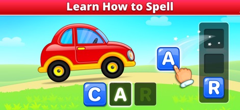 ABC Spelling - Spell & Phonics - Gli utenti possono imparare a formare parole elementari, come dimostrato dalla macchina rossa raffigurata e dal dito che seleziona la lettera 'A' per completare la parola.
