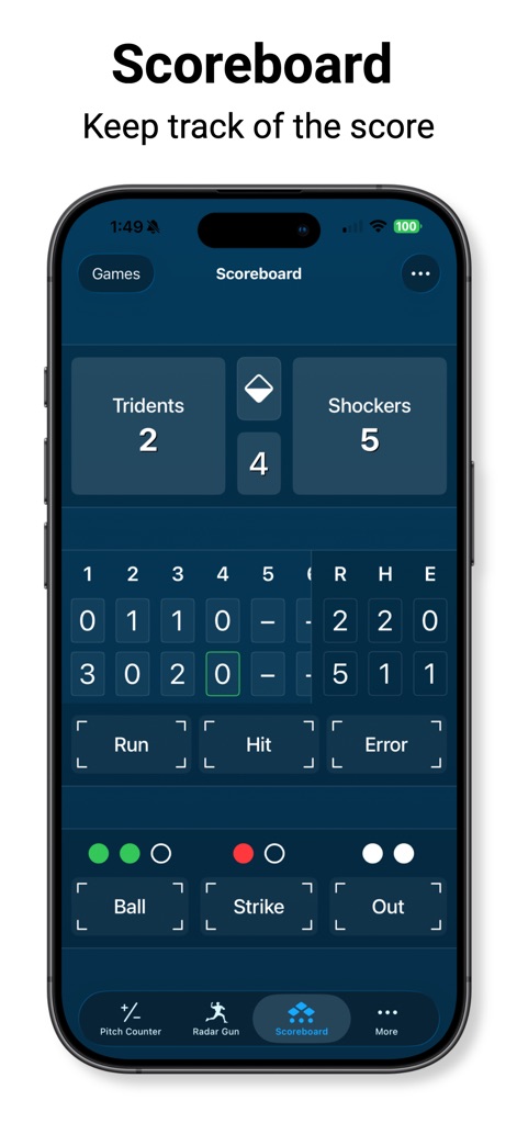 Pitch Counter & Radar Gun - The app offers a full game scoreboard to track team scores and an inning-by-inning breakdown of runs, hits, and errors.