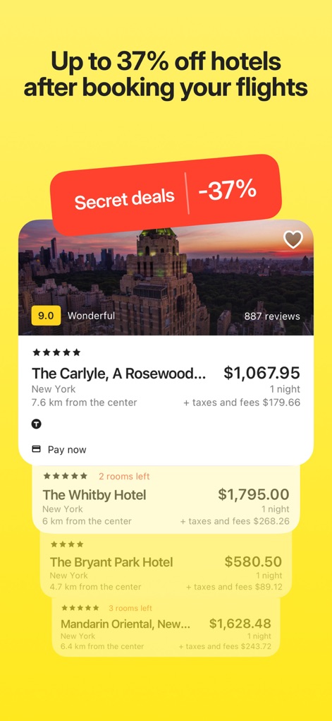 OneTwoTrip Flights and Hotels - Users unlock exclusive discounted hotel listings, prominently featuring 'Secret deals' banners and significant percentage savings after booking flights.