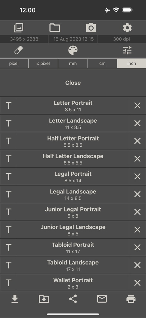 Image Size - 이 앱은 '인치' 단위로 다양한 표준 인쇄 규격인 '레터 세로'와 '법률 가로' 등의 목록을 제공하여 편리하게 이미지 크기를 선택할 수 있도록 돕습니다.