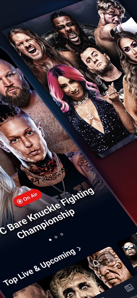 TrillerTV: Live Sports - Users can easily browse top live and upcoming events with a dynamic content feed and clear 'On Air' indicators for active broadcasts.