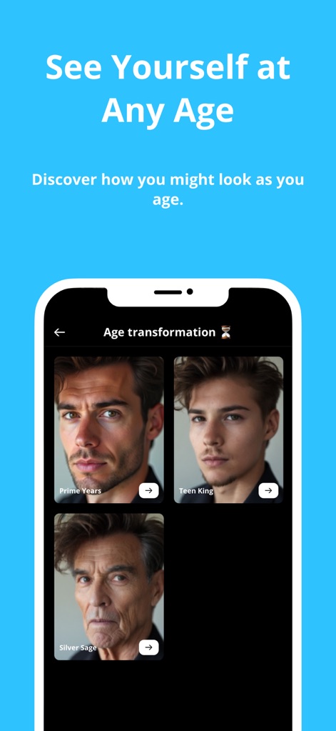 Filterly - AI Photo Enhancer - Esta función explora la transformación de edad con previsualizaciones claras que muestran diferentes etapas como 'Prime Years' y 'Silver Sage', permitiendo a los usuarios visualizar su apariencia a lo largo del tiempo.