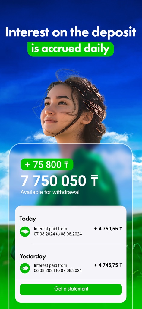 Bereke Bank - Онлайн Банк - Cet outil met en évidence la rémunération journalière des dépôts, avec des entrées détaillées pour les "Interest paid" et un solde total disponible pour le retrait.