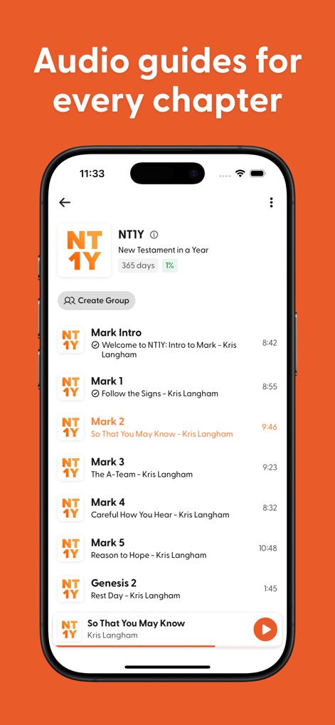 Through the Word - The app presents a comprehensive list of audio guides, each clearly showing its duration, and provides an accessible 'Play' button for instant listening to any chapter.