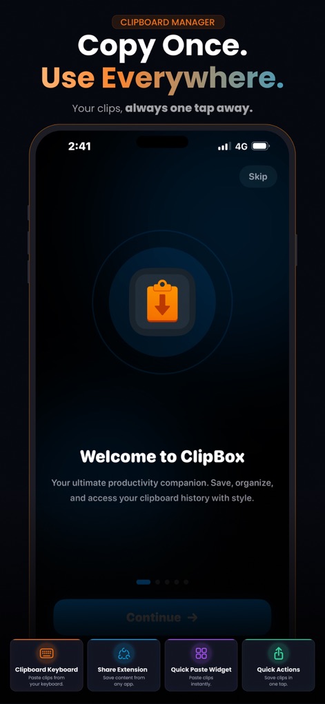 ClipBox – Copy & Paste Manager - This introductory screen highlights the app's core value proposition and immediately presents key functionalities like the "Clipboard Keyboard" and "Share Extension."