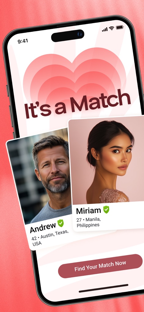 FilipinoCupid: Filipino Dating - Experience the thrill of successful connections as the app visually confirms a match between two profiles, displaying details like Andrew's location in Austin, Texas, and Miriam's in Manila, Philippines.