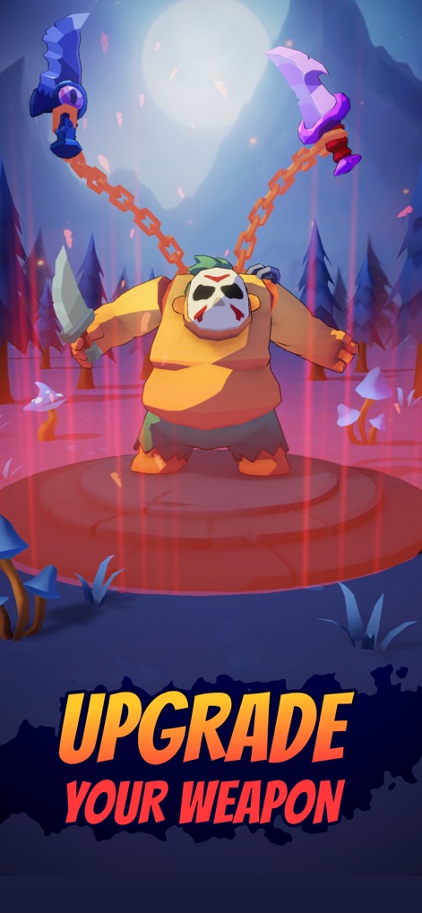 Butcher hero: hook'n'chew RPG - The app showcases its robust weapon upgrade system with multiple chained blades, emphasizing how characters can visually evolve their gear and power.