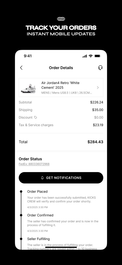 KICKS CREW: Shoes & Apparel - The app provides complete transparency with a detailed cost breakdown for each purchase and a real-time order status timeline, keeping users informed every step of the way.