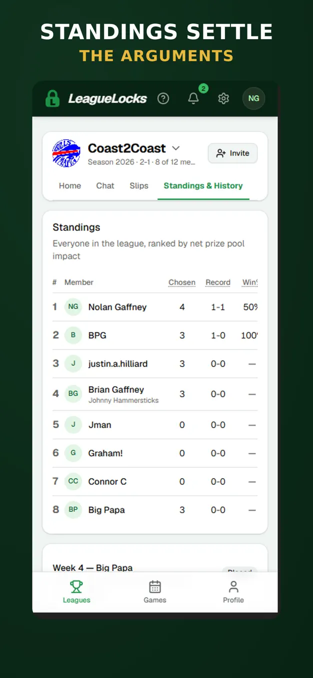LeagueLocks App Store screenshot: standings