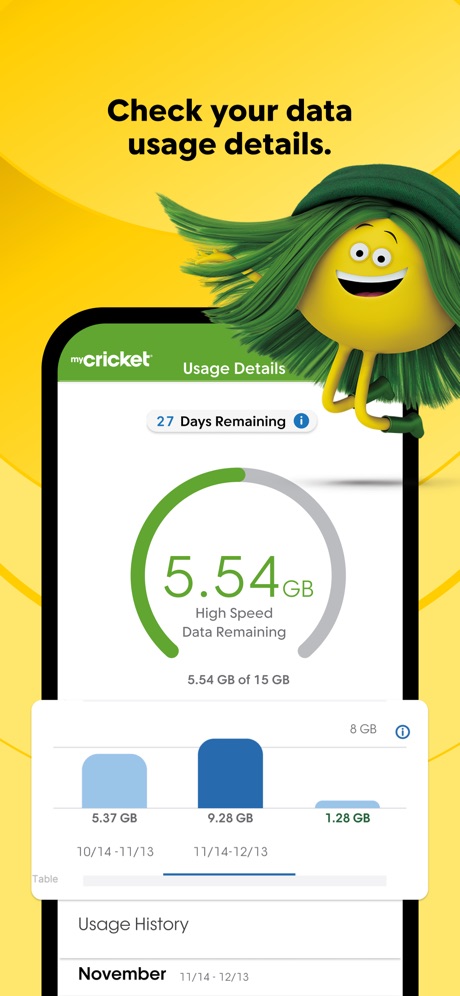 myCricket App App Store screenshot 5, headline “Check your data usage details.”. Yellow.