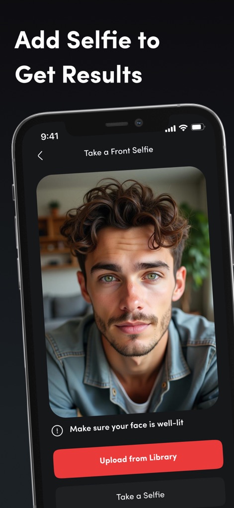 Umax AI: Face Scan & Rate face - Users can conveniently begin their analysis by choosing to 'Upload from Library' or 'Take a Selfie' directly within the interface.