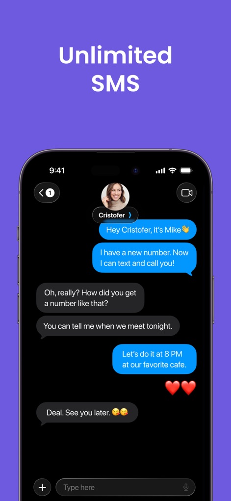 Second Phone Number: 2nd eSIM - 이 앱은 '무제한 SMS' 기능을 강조하며, 실제 대화 화면과 함께 친구에게 새 번호를 알리는 메시지를 통해 사용자 간의 활발한 텍스트 커뮤니케이션을 보여줍니다.