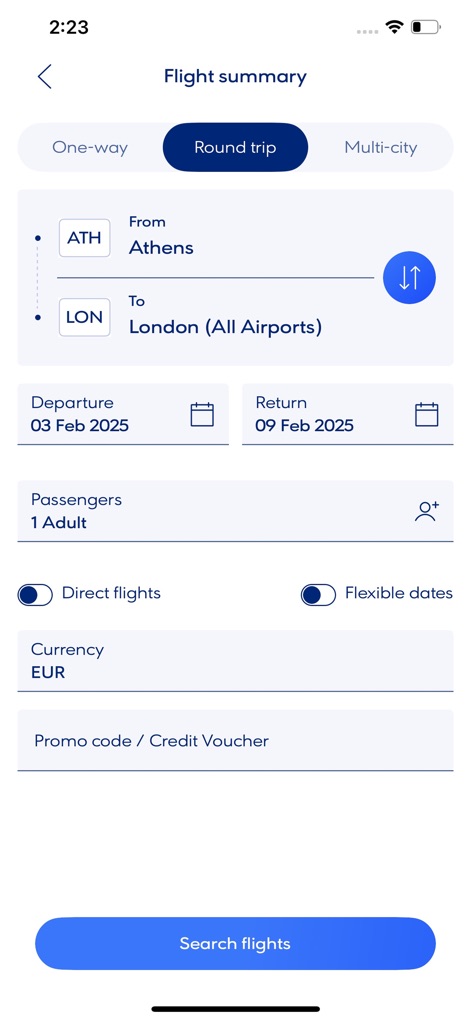 Aegean Airlines - Hier können Nutzer ihre Flugdetails präzise festlegen, inklusive der Auswahl zwischen Einweg-, Hin- und Rückflugoptionen und spezifischer Datumsangaben für Abflug und Rückkehr.