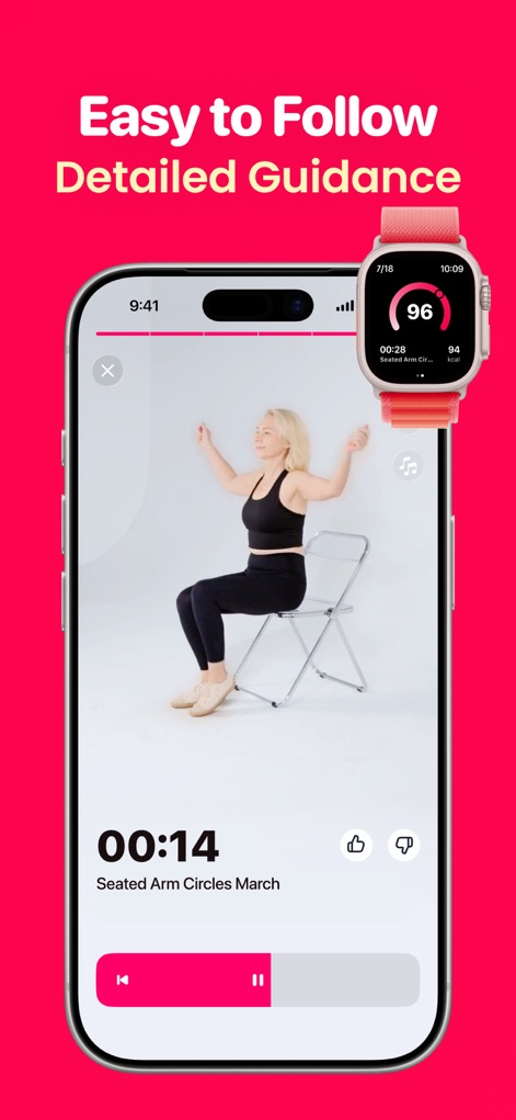 LazyFit: Workout For Beginners - Die App bietet detaillierte Videoanleitungen für Übungen wie "Seated Arm Circles March", ergänzt durch einen Timer, der den Fortschritt der Einheit anzeigt.