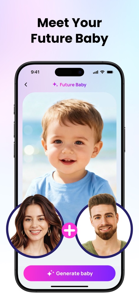 Ageroom - AI Photo Generator - Users can combine two input photos to generate a future baby prediction, showcasing the input parents and the adorable AI-created child.