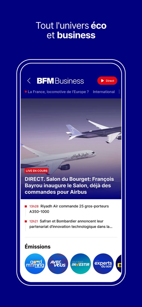BFM : news, TV, radio en live - This view highlights the app's comprehensive business section, offering a live economic news feed and a collection of expert-led financial programs.