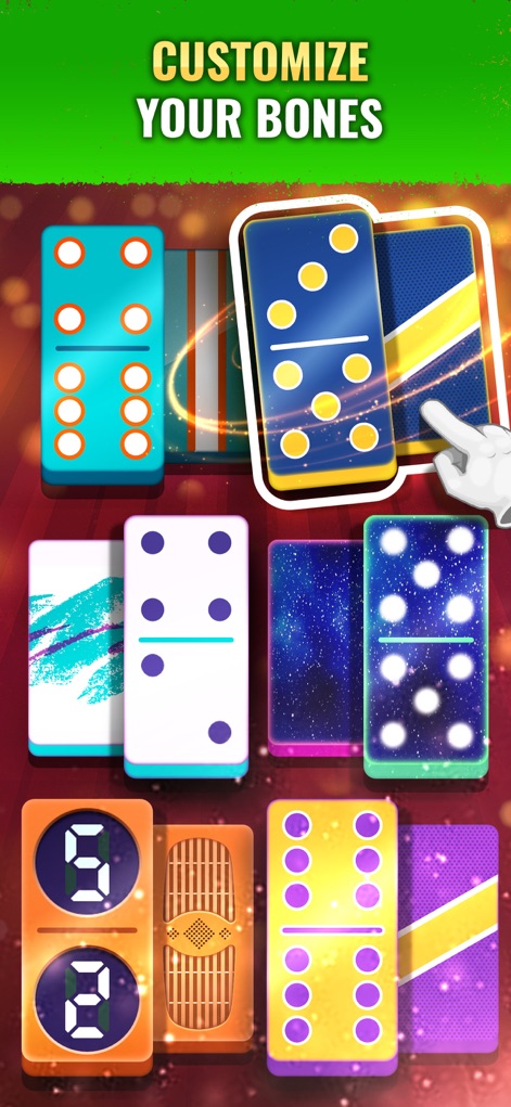 Dominoes Gold - Win Real Money - The app allows players to customize their dominoes with diverse patterns and colors, including unique tile designs and numeric options.