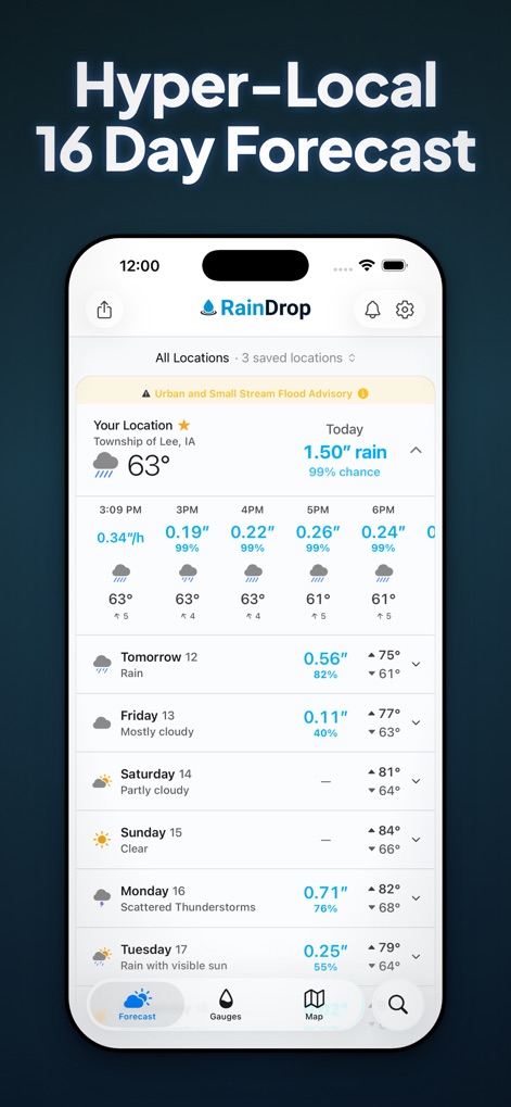RainDrop - Rain Totals & Radar - The app delivers hyper-local 16-day forecasts, detailing daily precipitation amounts and hourly temperature fluctuations for precise planning.