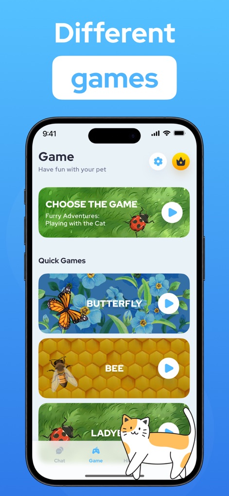 Cat Translator – Pet to Human - La sección de juegos ofrece diferentes actividades interactivas como "Furry Adventures" y "Quick Games", presentadas con llamativas ilustraciones de mariposas y abejas.