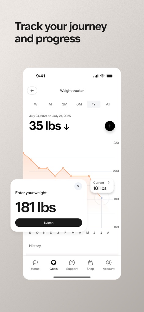 Ro: Online Healthcare - L'app offre un sistema di monitoraggio del peso intuitivo, illustrato dal grafico che mostra una perdita di "35 lbs ↓" e la possibilità di inserire facilmente il peso attuale di "181 lbs", aiutando gli utenti a seguire i loro obiettivi.