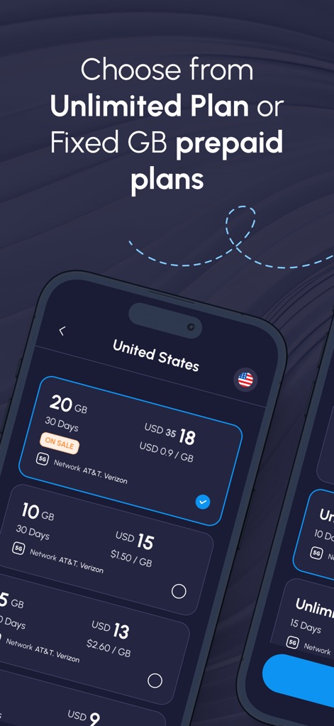 Nomad eSIM: Prepaid Data Plan - La aplicación presenta diversas opciones de planes de datos para un destino específico, destacando las ofertas con descuentos y la claridad de los precios por gigabyte.
