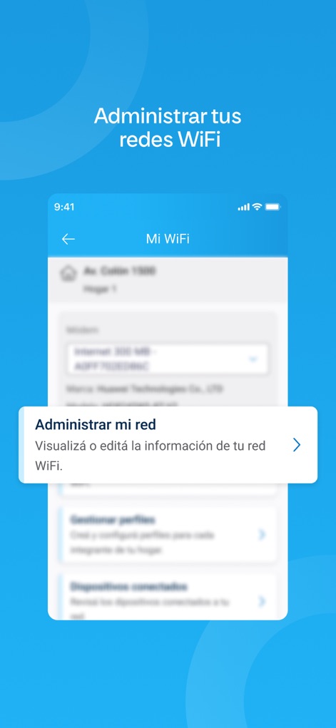 Mi Personal - The app provides direct access to 'Administrar mi red' for WiFi settings, showing specific modem details and configurations.