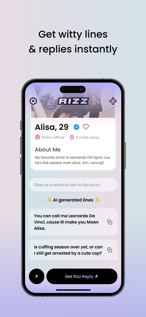 RIZZ - このスクリーンショットは、AIが生成した機知に富んだ返信オプション（複数の魅力的な返信候補と特定のトピック入力フィールド）を表示し、ユーザーが会話をスムーズに進める手助けをします。
