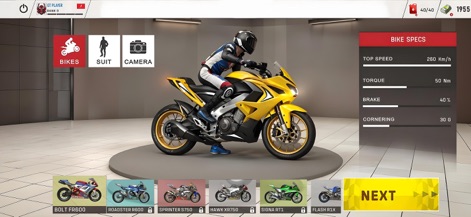 GT Bike Racing Motorcycle Game - Dieses Tool ermöglicht eine umfassende Motorradanpassung mit einem übersichtlichen „Bike Specs“-Panel, das Leistungswerte darstellt, und einer Auswahl von sechs verschiedenen Bike-Modellen.
