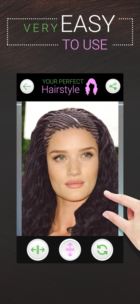 Perfect Hairstyle and Hair Cut - The app demonstrates intuitive controls for resizing and rotating hairstyles, making it "Very Easy to Use" for all users.