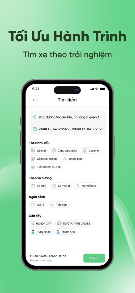 MIOTO - Thuê xe tự lái - Users can optimize their car selection based on specific "demand" categories like work or family travel, and "trend" categories such as electric or hybrid vehicles, personalizing the rental experience.