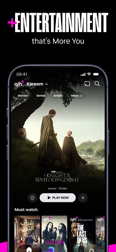 OSN+ - Explore the app's intuitive home screen, showcasing clear content navigation tabs and a prominent 'Must watch' section for instant access to top titles.