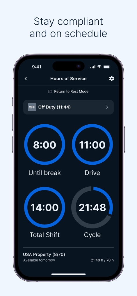 Samsara Driver - La aplicación presenta un contador circular para el tiempo de conducción restante y un resumen de las horas de servicio como 'Total Shift' y 'Cycle'.