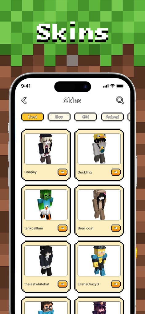 MCMods & Addons for MCPEOL - Descubre un catálogo diverso de skins para personalizar tu personaje, ofreciendo categorías claras y miniaturas visuales como 'Chapey' y 'Duckling' para una selección rápida.
