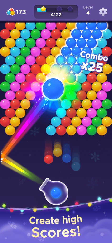 Bubble Relax: Pop Shooter - Explore the thrilling combo counter, displaying significant scores, and the vibrant rainbow ricochet visual effect during gameplay.