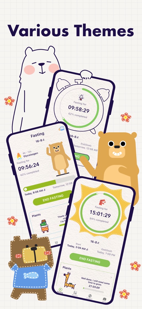 Intermittent Fasting Tracker ⁺ - The app allows users to personalize their experience by choosing from "Various Themes," each featuring distinct visual styles and engaging character designs.