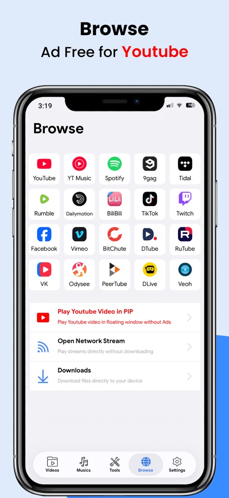 Video Player : All-in-One - Users can browse and stream content from numerous popular platforms directly within the app, including ad-free YouTube playback and Picture-in-Picture functionality for seamless multitasking.