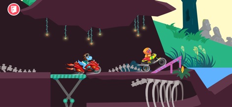 Dirt Bike Games Kids - 이 스크린샷은 어두운 동굴을 배경으로 펼쳐지는 흥미진진한 경주를 보여줍니다. 사용자는 빛나는 덩굴과 땅에 흩어진 뼈대를 보며 신비로운 분위기를 느낄 수 있습니다.