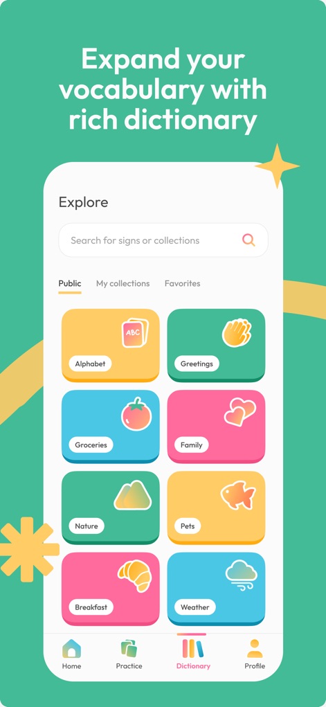 ASL Bloom - Sign Language - Browse the comprehensive visual dictionary, categorized by themes like "Groceries" and "Family", providing a rich resource for expanding ASL vocabulary.