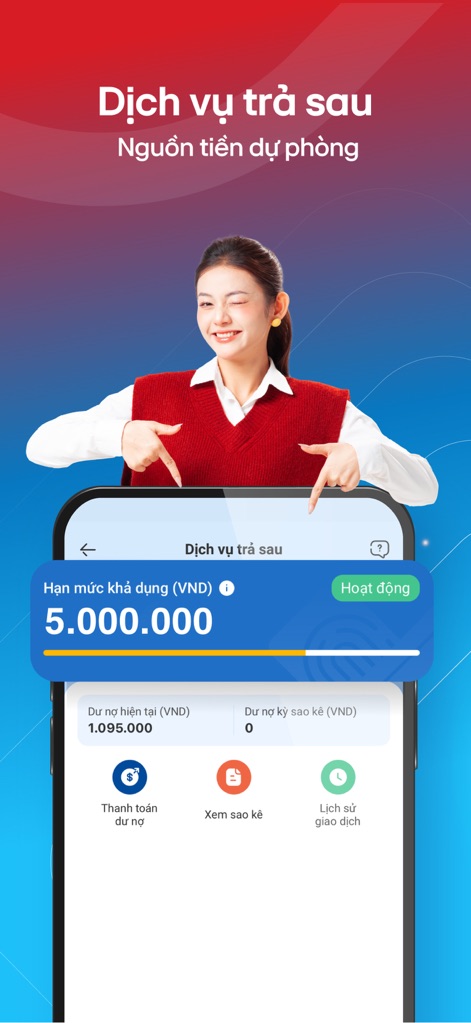 VNPAY App - Gain insight into the 'Postpaid services' feature, where users can effortlessly monitor their available 'credit limits' and manage financial obligations.