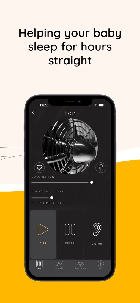 Sound Sleeper Baby White Noise - Die Ansicht zeigt die "Fan"-Soundoption mit einer detaillierten Zeitanzeige für die Wiedergabedauer und einem Schieberegler für die Lautstärke, um ununterbrochenen Schlaf zu fördern.